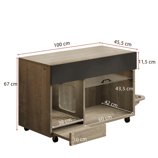 Armário para caixa de areia para gatos 100x45,5x67 cm - com comedouros e tabuleiro recolhedor de areia - Carvalho