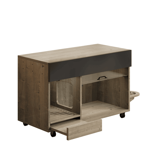 Armário para caixa de areia para gatos 100x45,5x67 cm - com comedouros e tabuleiro recolhedor de areia - Carvalho