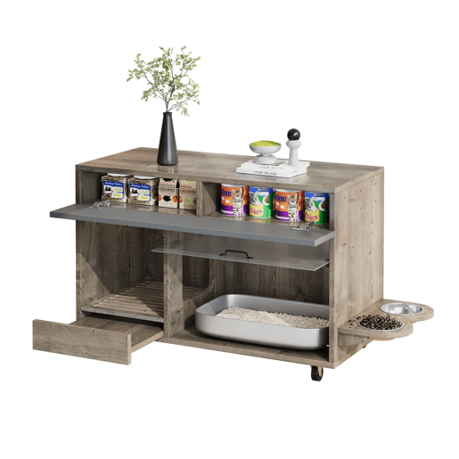 Armário para caixa de areia para gatos 100x45,5x67 cm - com comedouros e tabuleiro recolhedor de areia - Carvalho