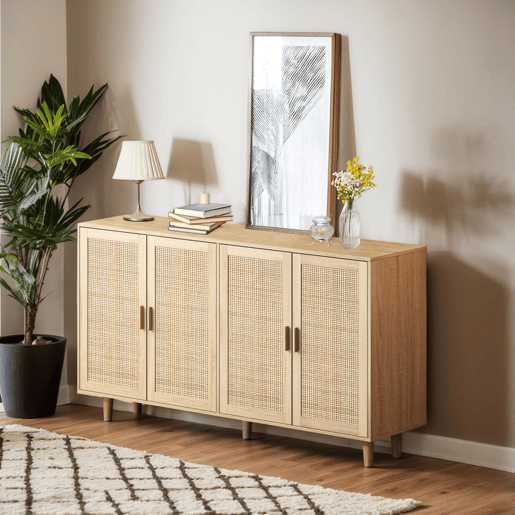 Armário decorativo com 4 portas + 158 cm - elegante e funcional - rattan natural