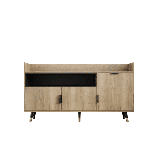 Aparador moderno 120 cm - prateleiras abertas, gavetas, portas basculantes - Natural