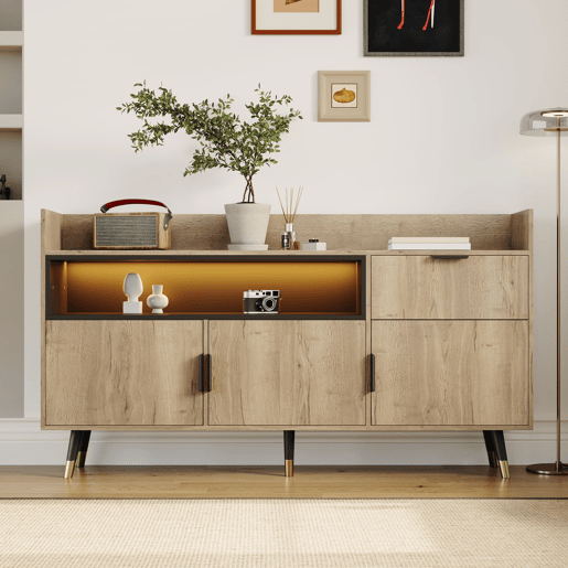 Aparador moderno 120 cm - prateleiras abertas, gavetas, portas basculantes - Natural