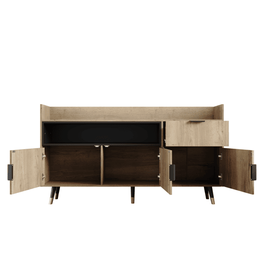 Aparador moderno 120 cm - prateleiras abertas, gavetas, portas basculantes - Natural