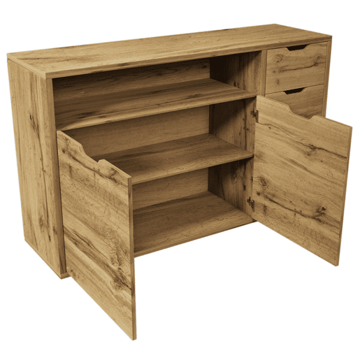 Aparador 150x40x90 cm - 2 portas, 4 gavetas, prateleira aberta, fecho suave - Carvalho Aparador 150x40x90 cm - 2 portas, 4 gavetas, prateleira aberta, fecho suave - Carvalho