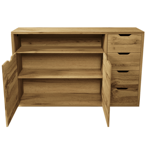 Aparador 150x40x90 cm - 2 portas, 4 gavetas, prateleira aberta, fecho suave - Carvalho Aparador 150x40x90 cm - 2 portas, 4 gavetas, prateleira aberta, fecho suave - Carvalho