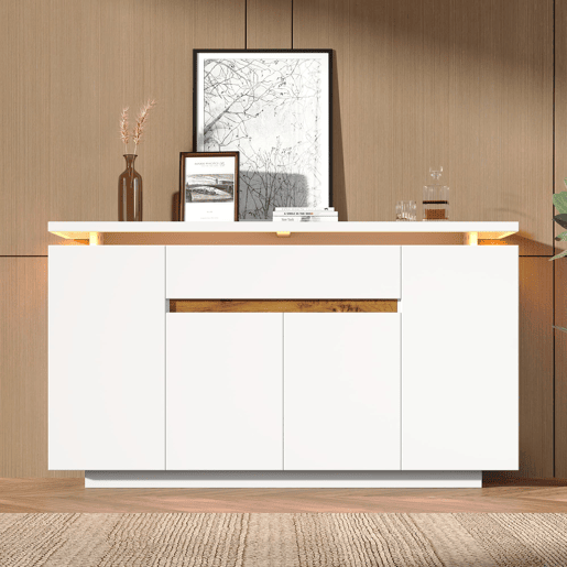 Aparador 140x40x80 cm - 1 gaveta, 4 portas, LED, sala, corredor ou cozinha - Branco Aparador 140x40x80 cm - 1 gaveta, 4 portas, LED, sala, corredor ou cozinha - Branco