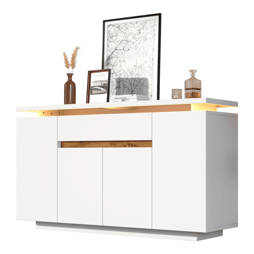 Aparador 140x40x80 cm - 1 gaveta, 4 portas, LED, sala, corredor ou cozinha - Branco Aparador 140x40x80 cm - 1 gaveta, 4 portas, LED, sala, corredor ou cozinha - Branco