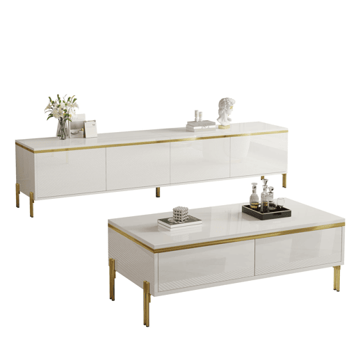 Conjunto de móvel de TV e mesa de centro - Luxuoso, alto brilho, bordas douradas, grande capacidade de armazenamento - Branco Conjunto de móvel de TV e mesa de centro - Luxuoso, alto brilho, bordas douradas, grande capacidade de armazenamento - Branco