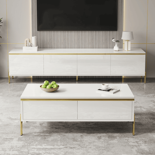 Conjunto de móvel de TV e mesa de centro - Luxuoso, alto brilho, bordas douradas, grande capacidade de armazenamento - Branco Conjunto de móvel de TV e mesa de centro - Luxuoso, alto brilho, bordas douradas, grande capacidade de armazenamento - Branco