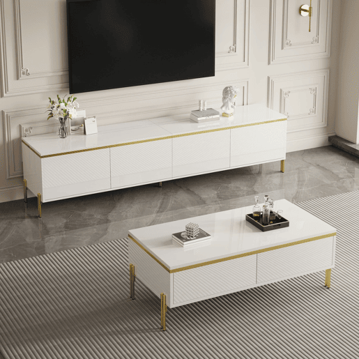 Conjunto de móvel de TV e mesa de centro - Luxuoso, alto brilho, bordas douradas, grande capacidade de armazenamento - Branco Conjunto de móvel de TV e mesa de centro - Luxuoso, alto brilho, bordas douradas, grande capacidade de armazenamento - Branco