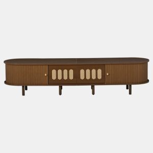 Móvel de TV ovalado 180x40x40 cm - rattan, 2 gavetas - nogueira