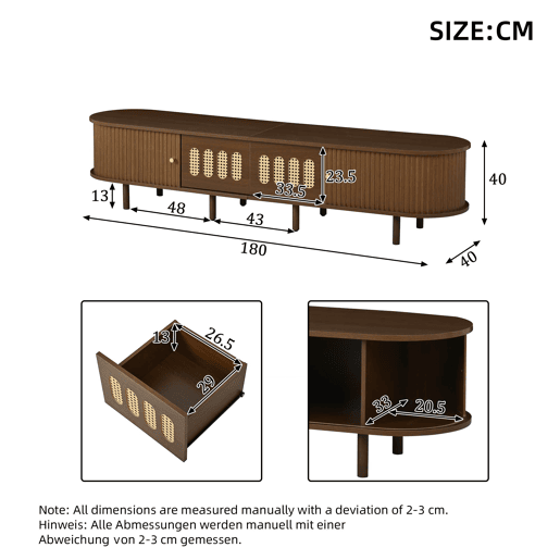 Móvel de TV ovalado 180x40x40 cm - rattan, 2 gavetas - nogueira