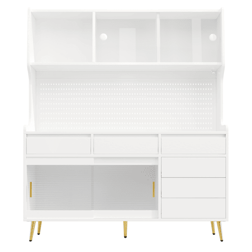 Aparador alto 145x39x171 cm - LED, App, gaveta, prateleira com painel perfurado - Branco
