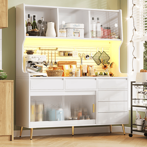 Aparador alto 145x39x171 cm - LED, App, gaveta, prateleira com painel perfurado - Branco