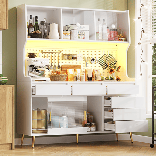 Aparador alto 145x39x171 cm - LED, App, gaveta, prateleira com painel perfurado - Branco