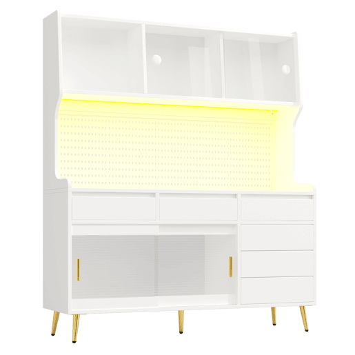 Aparador alto 145x39x171 cm - LED, App, gaveta, prateleira com painel perfurado - Branco