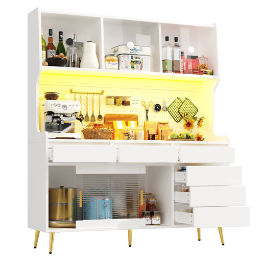 Aparador alto 145x39x171 cm - LED, App, gaveta, prateleira com painel perfurado - Branco