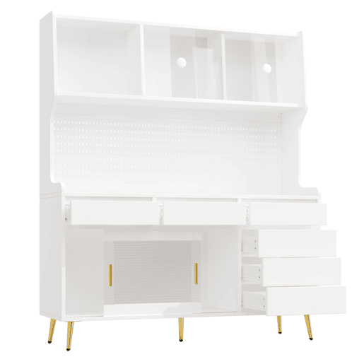 Aparador alto 145x39x171 cm - LED, App, gaveta, prateleira com painel perfurado - Branco