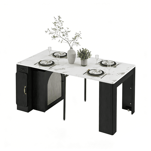 Mesa de Jantar Extensível e Ilha de Cozinha com Estação de Carga USB e Luzes LED com Prateleiras de Arrumação e Rodas Bloqueáveis de MEUBLES COSY