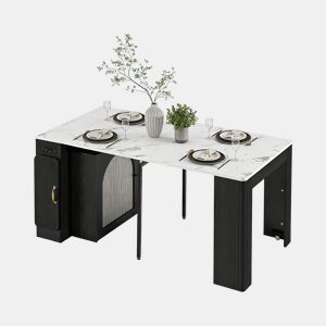 Mesa de Jantar Extensível e Ilha de Cozinha com Estação de Carga USB e Luzes LED com Prateleiras de Arrumação e Rodas Bloqueáveis de MEUBLES COSY