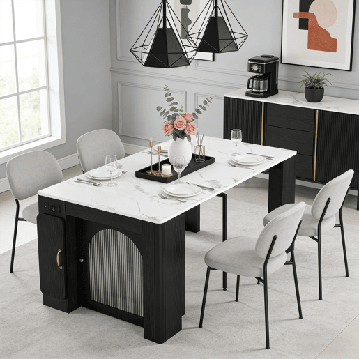 Mesa de Jantar Extensível e Ilha de Cozinha com Estação de Carga USB e Luzes LED com Prateleiras de Arrumação e Rodas Bloqueáveis de MEUBLES COSY