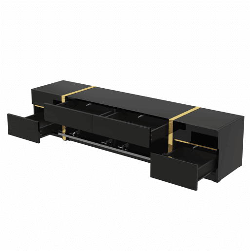 Móvel de TV 180 cm - Acabamento alto brilho, bordas douradas, com gavetas e portas, estilo moderno, grande capacidade de armazenamento - Preto