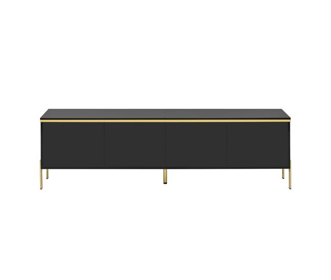 Mueble tv moderno - 4 puertas, alto brillo, almacenamiento, borde dorado - negro