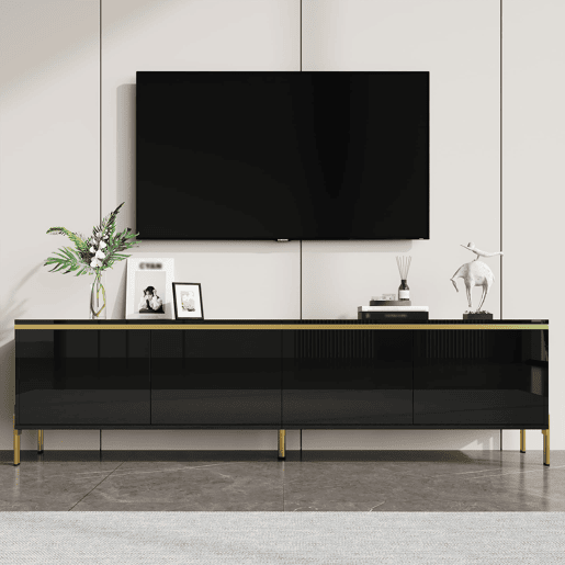 Móvel de TV moderno - 4 portas, alto brilho, arrumação, rebordo dourado - Preto Móvel de TV moderno - 4 portas, alto brilho, arrumação, rebordo dourado - Preto
