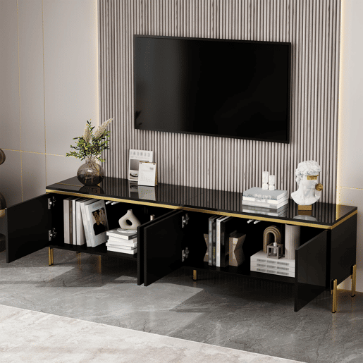 Móvel de TV moderno - 4 portas, alto brilho, arrumação, rebordo dourado - Preto Móvel de TV moderno - 4 portas, alto brilho, arrumação, rebordo dourado - Preto