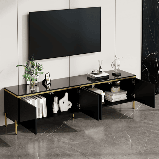 Móvel de TV moderno - 4 portas, alto brilho, arrumação, rebordo dourado - Preto Móvel de TV moderno - 4 portas, alto brilho, arrumação, rebordo dourado - Preto