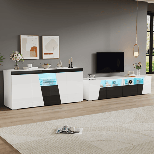 Móvel de TV 180x38,5x45 cm - Lowboard com LED, alto brilho - Preto e Branco