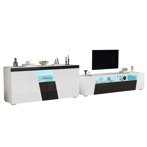 Móvel de TV 180x38,5x45 cm - Lowboard com LED, alto brilho - Preto e Branco