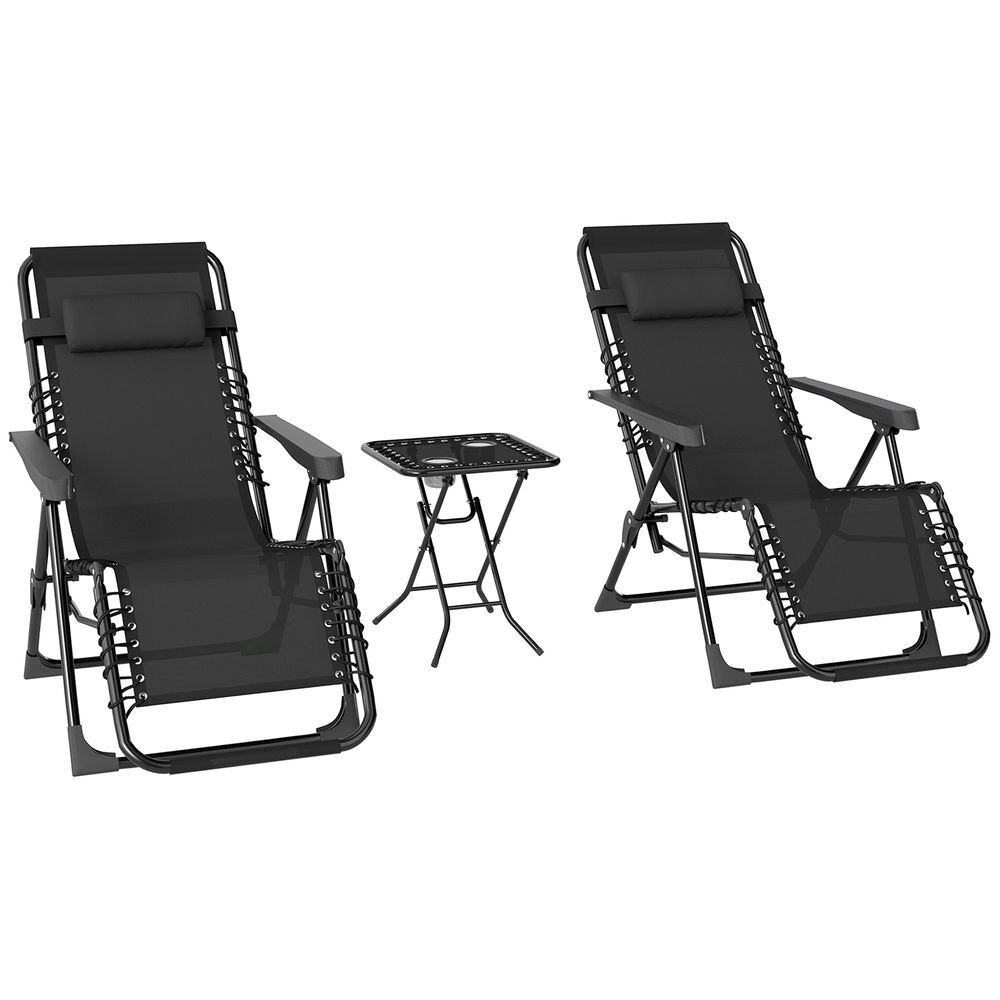 Outsunny set de 2 tumbonas jardín exterior plegables con mesa auxiliar portavasos tumbonas de gravedad cero con respaldo ajustable reposabrazos extraíble para patio piscina terraza exterior negro
