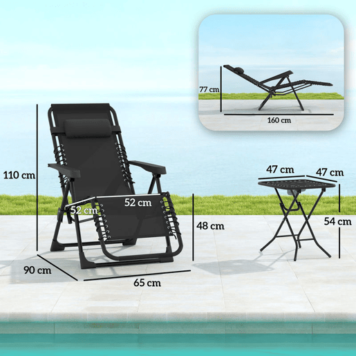 Outsunny Conjunto de 2 Espreguiçadeiras Jardim Exterior Dobráveis com Mesa Auxiliar Suportes para Copos Espreguiçadeiras de Gravidade Zero com Encosto Ajustável Apoios de Braços Removíveis para Pátio Piscina Terraço Exterior Preto
