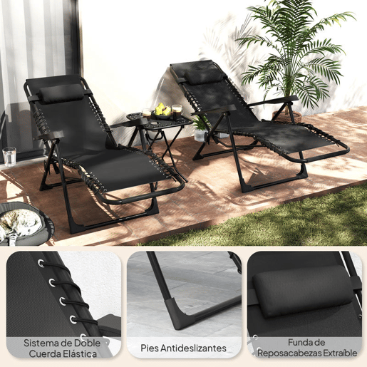 Outsunny Conjunto de 2 Espreguiçadeiras Jardim Exterior Dobráveis com Mesa Auxiliar Suportes para Copos Espreguiçadeiras de Gravidade Zero com Encosto Ajustável Apoios de Braços Removíveis para Pátio Piscina Terraço Exterior Preto