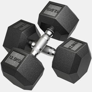 HOMCOM Conjunto de 2 Halteres Hexagonais 12,5 kg (25 kg Total) Ferro Fundido Revestidos em Borracha com Pega Anti-Deslizante para Musculação em Casa ou Ginásio Preto e Prateado