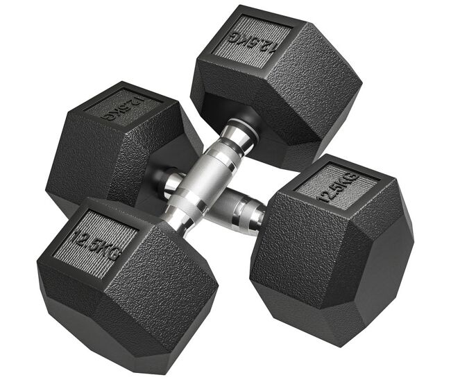 Homcom juego de mancuernas hexagonales, 2 x 12,5 kg, de hierro fundido, recubiertas de goma, juego de pesas con barras de conexión para entrenamiento en casa, gimnasio y oficina, negro y plata