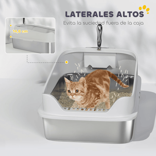 PawHut Caixa de Areia XL para Gatos em Aço Inoxidável Bordas Altas Pá Metálica Fácil de Limpar Antifugas 60,2x40,2x29,7 cm Cinzento
