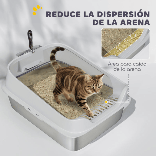 PawHut Caixa de Areia XL para Gatos em Aço Inoxidável Bordas Altas Pá Metálica Fácil de Limpar Antifugas 60,2x40,2x29,7 cm Cinzento