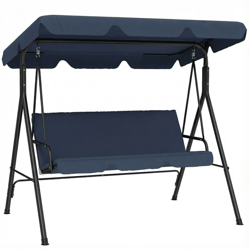 Outsunny Baloiço de Jardim Exterior 3 Lugares com Toldo Ajustável, Almofadas e Estrutura de Aço para Varanda, Terraço ou Jardim, Suporta até 240 kg, 172x118x153 cm, Azul-Marinho
