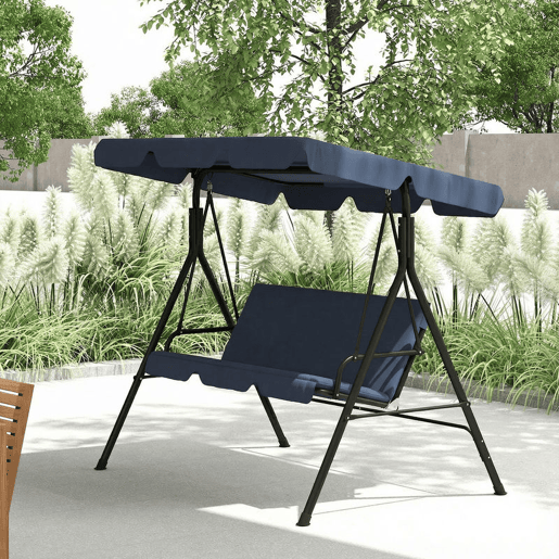 Outsunny Baloiço de Jardim Exterior 3 Lugares com Toldo Ajustável, Almofadas e Estrutura de Aço para Varanda, Terraço ou Jardim, Suporta até 240 kg, 172x118x153 cm, Azul-Marinho
