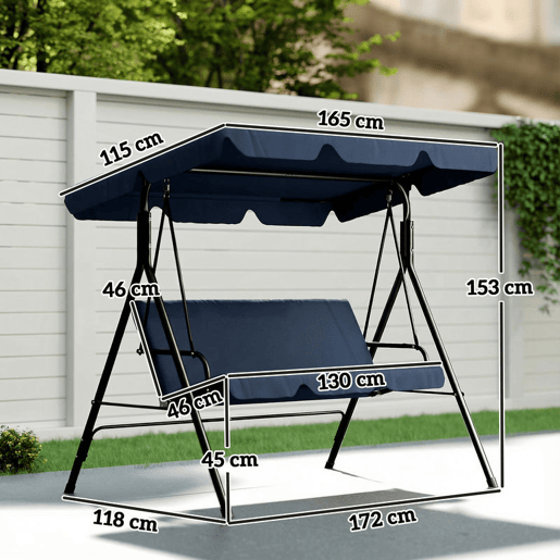 Outsunny Baloiço de Jardim Exterior 3 Lugares com Toldo Ajustável, Almofadas e Estrutura de Aço para Varanda, Terraço ou Jardim, Suporta até 240 kg, 172x118x153 cm, Azul-Marinho
