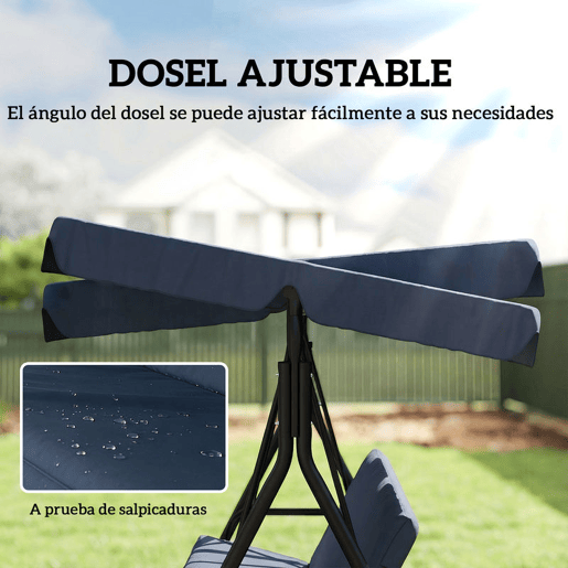 Outsunny Baloiço de Jardim Exterior 3 Lugares com Toldo Ajustável, Almofadas e Estrutura de Aço para Varanda, Terraço ou Jardim, Suporta até 240 kg, 172x118x153 cm, Azul-Marinho