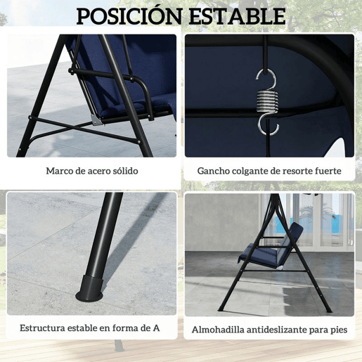 Outsunny Baloiço de Jardim Exterior 3 Lugares com Toldo Ajustável, Almofadas e Estrutura de Aço para Varanda, Terraço ou Jardim, Suporta até 240 kg, 172x118x153 cm, Azul-Marinho
