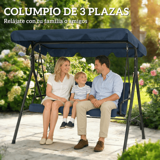 Outsunny Baloiço de Jardim Exterior 3 Lugares com Toldo Ajustável, Almofadas e Estrutura de Aço para Varanda, Terraço ou Jardim, Suporta até 240 kg, 172x118x153 cm, Azul-Marinho