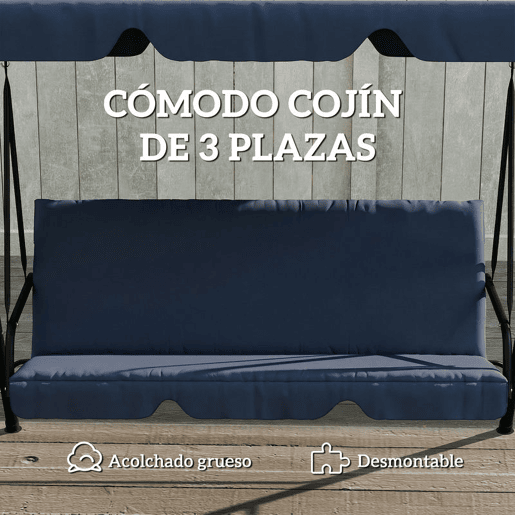 Outsunny Baloiço de Jardim Exterior 3 Lugares com Toldo Ajustável, Almofadas e Estrutura de Aço para Varanda, Terraço ou Jardim, Suporta até 240 kg, 172x118x153 cm, Azul-Marinho