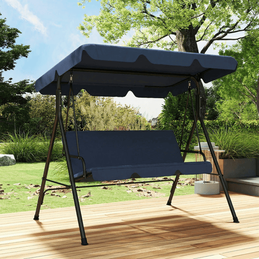 Outsunny Baloiço de Jardim Exterior 3 Lugares com Toldo Ajustável, Almofadas e Estrutura de Aço para Varanda, Terraço ou Jardim, Suporta até 240 kg, 172x118x153 cm, Azul-Marinho