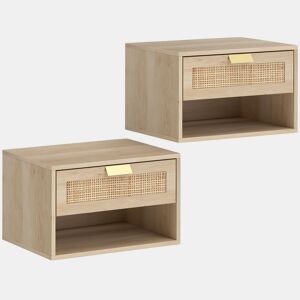 HOMCOM Conjunto de 2 Mesas de Cabeceira Suspensas Mesas de Cabeceira com Gaveta de Vime Prateleira Aberta Economiza Espaço Design Nórdico para Sala de Estar 40x30x25 cm Carvalho