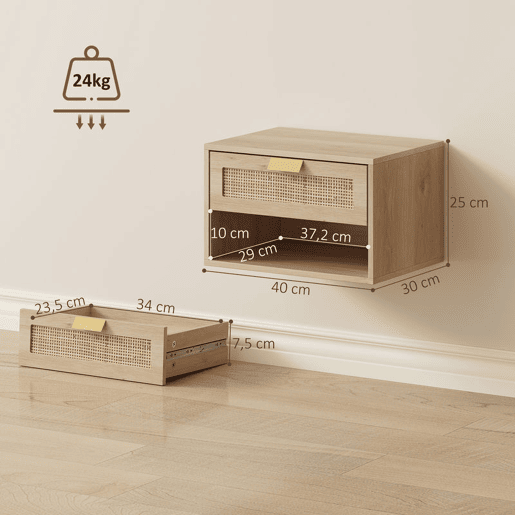 HOMCOM Conjunto de 2 Mesas de Cabeceira Suspensas Mesas de Cabeceira com Gaveta de Vime Prateleira Aberta Economiza Espaço Design Nórdico para Sala de Estar 40x30x25 cm Carvalho HOMCOM Conjunto de 2 Mesas de Cabeceira Suspensas Mesas de Cabeceira com Gaveta de Vime Prateleira Aberta Economiza Espaço Design Nórdico para Sala de Estar 40x30x25 cm Carvalho