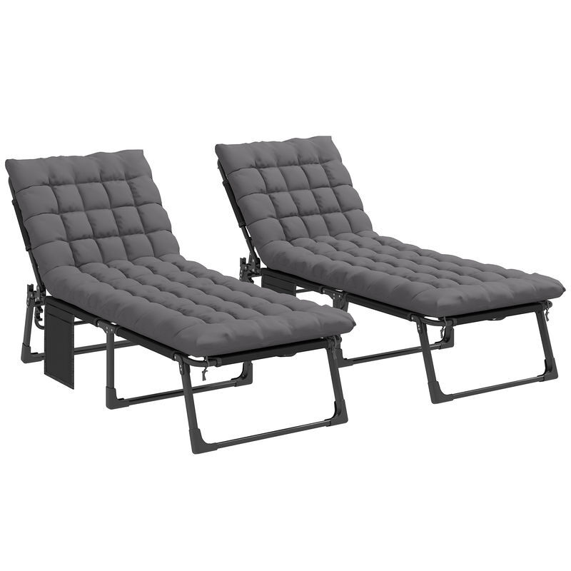 Outsunny set de 2 tumbonas jardín exterior, tumbonas plegables con cojines, respaldo reclinable 5 posiciones, asiento extra ancho de textilene, bolsillo lateral y reposacabezas para playa, gris oscuro